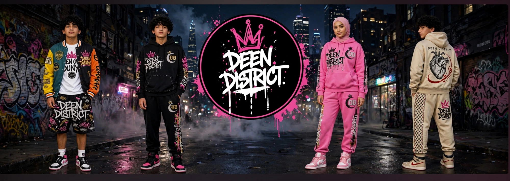 Deen District crew wearing The Origin Collection in the city at night