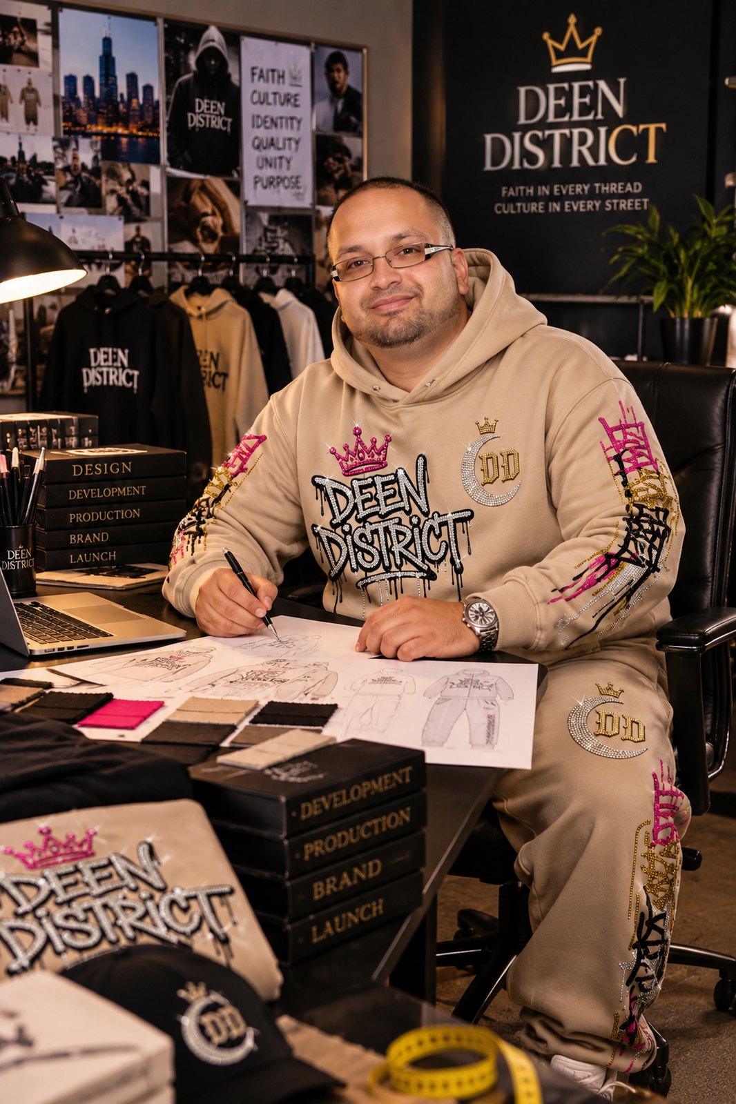 Jafar Rizvi, founder and designer of Deen District, sketching in the studio