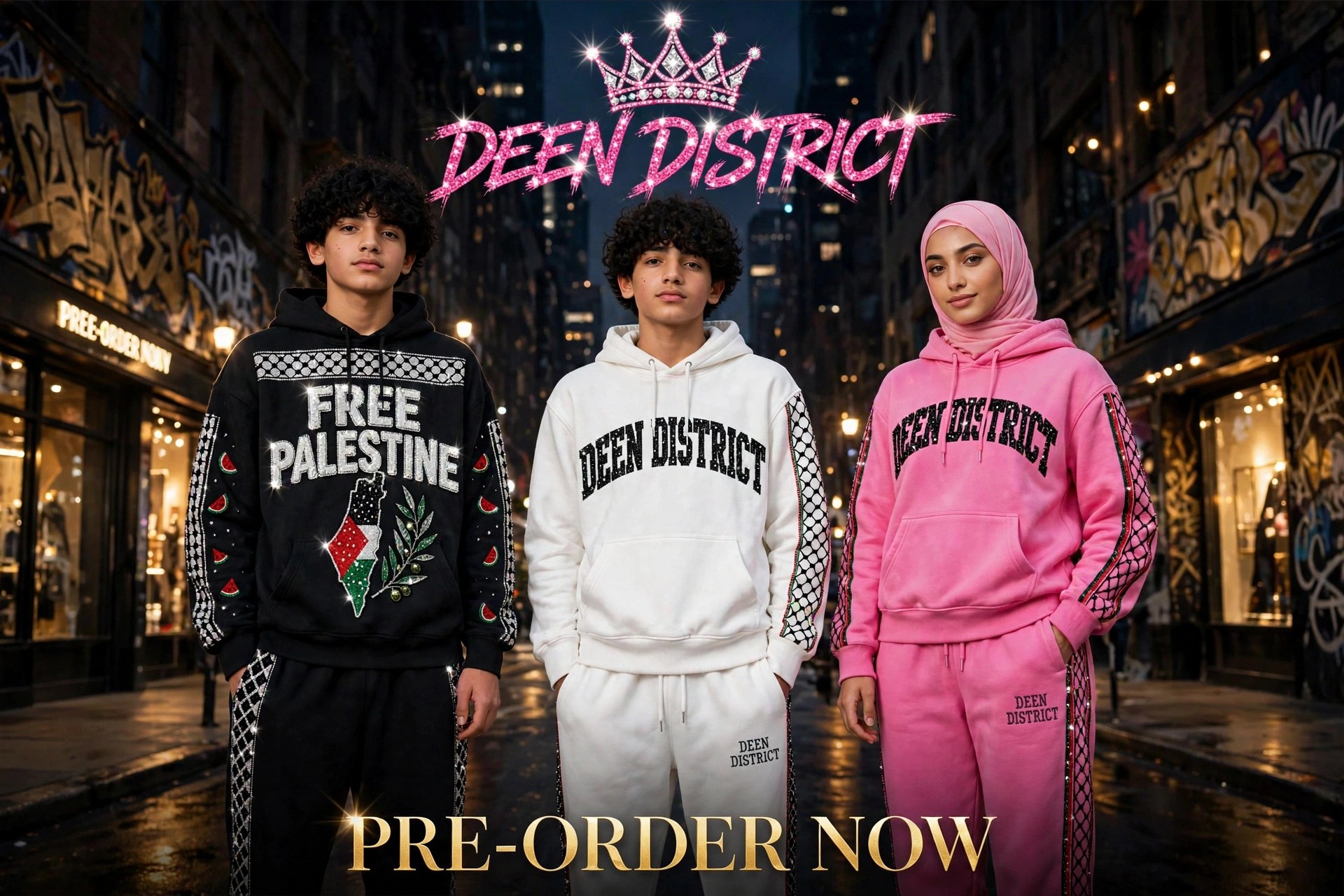 Deen District trio — Palestine Special Edition FREE PALESTINE hoodie set alongside the Origin and Sister sets